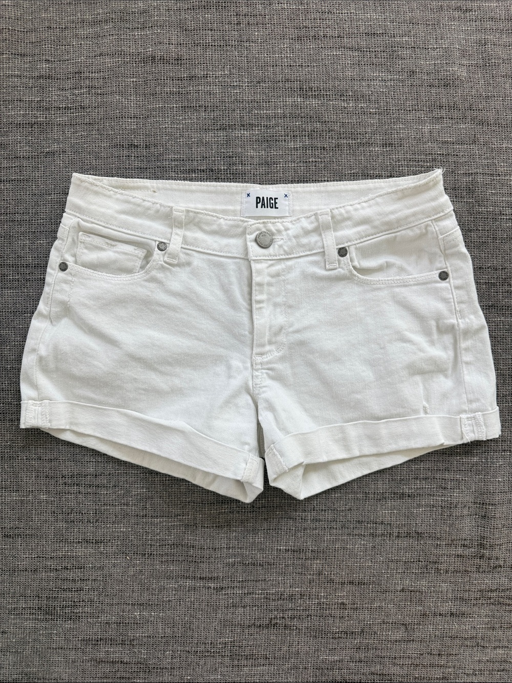 PAIGE White Denim Rolled Hem Shorts